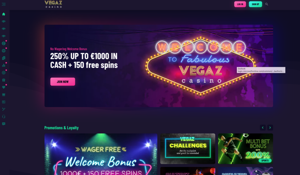 Vegaz Casino Front Page - Instant Banking 